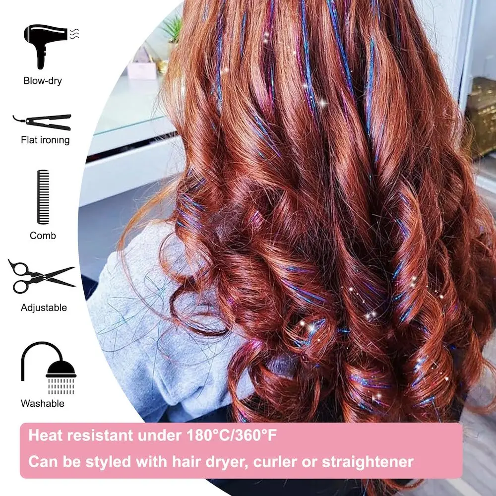 6Pcs 50cm Sparking Shiny Hair Tinsel Hair Extensions Tinsel Synthetic Hair Clip  Extensions Women for Braiding Headdress