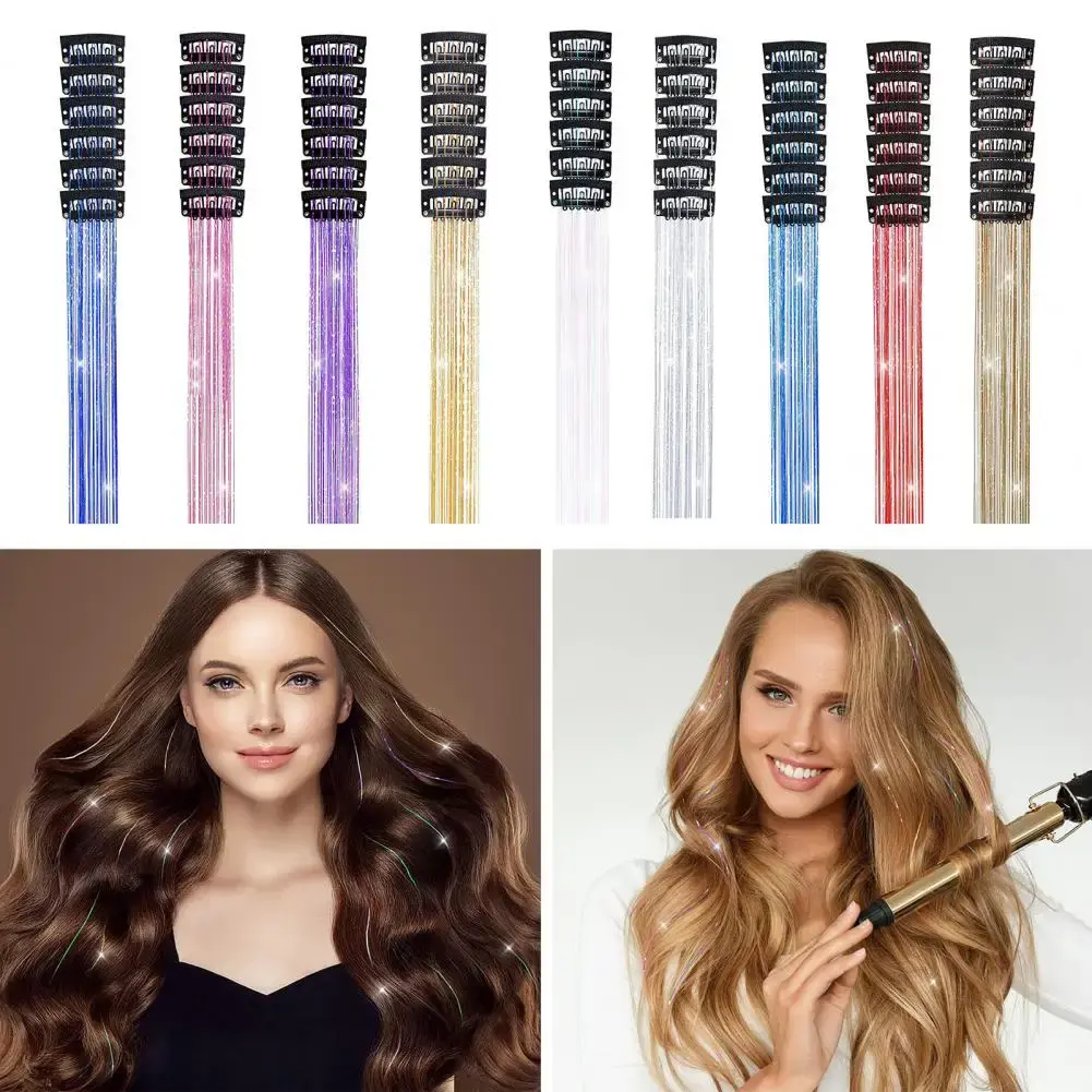 6Pcs 50cm Sparking Shiny Hair Tinsel Hair Extensions Tinsel Synthetic Hair Clip  Extensions Women for Braiding Headdress