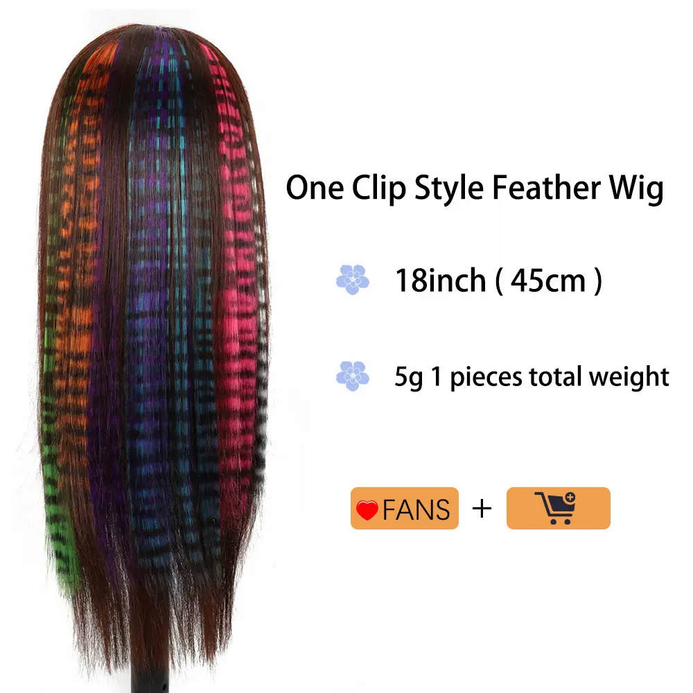 Synthetic Hair Extension18" Long Straight Women High Temperature Clip In Hair Extension Hairpiece Feather Wig Blue Rose Colorful