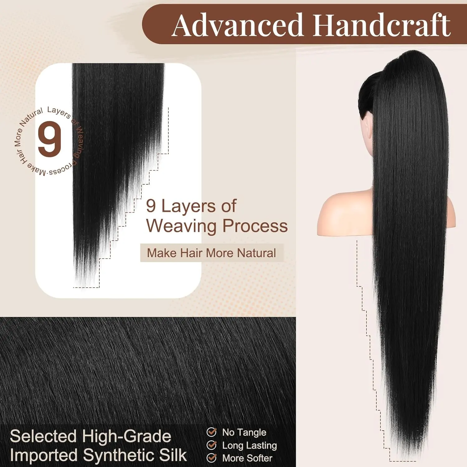 Synthetic 36 Inch Long Straight Drawstring Ponytail Hairpieces Fake PonyTails Natural Soft Clip in Hair Extension for Women Girl
