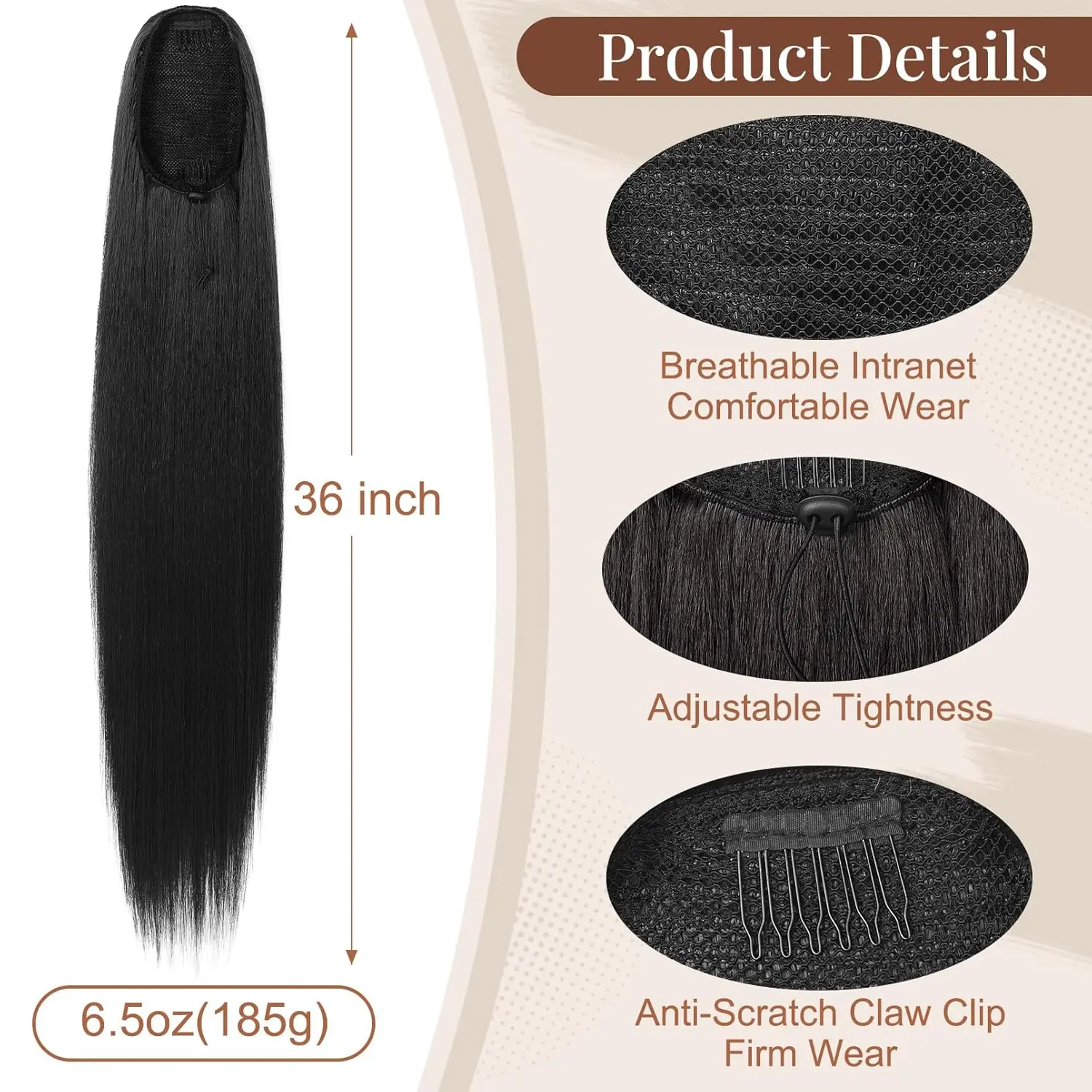 Synthetic 36 Inch Long Straight Drawstring Ponytail Hairpieces Fake PonyTails Natural Soft Clip in Hair Extension for Women Girl