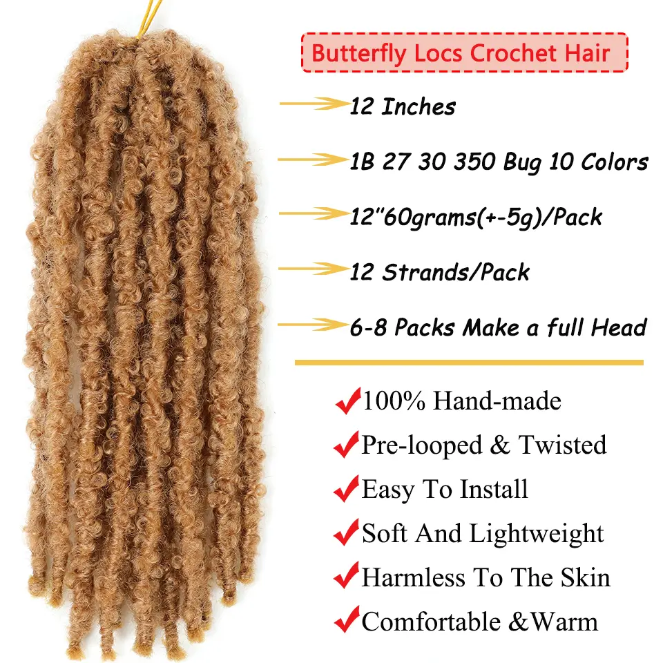 1-6 Packs 12 Inch Real Handmade Butterfly Locs Crochet Hair Ginger Blonde Burgundy Butterfly Faux Locs Crochet Braids For Women