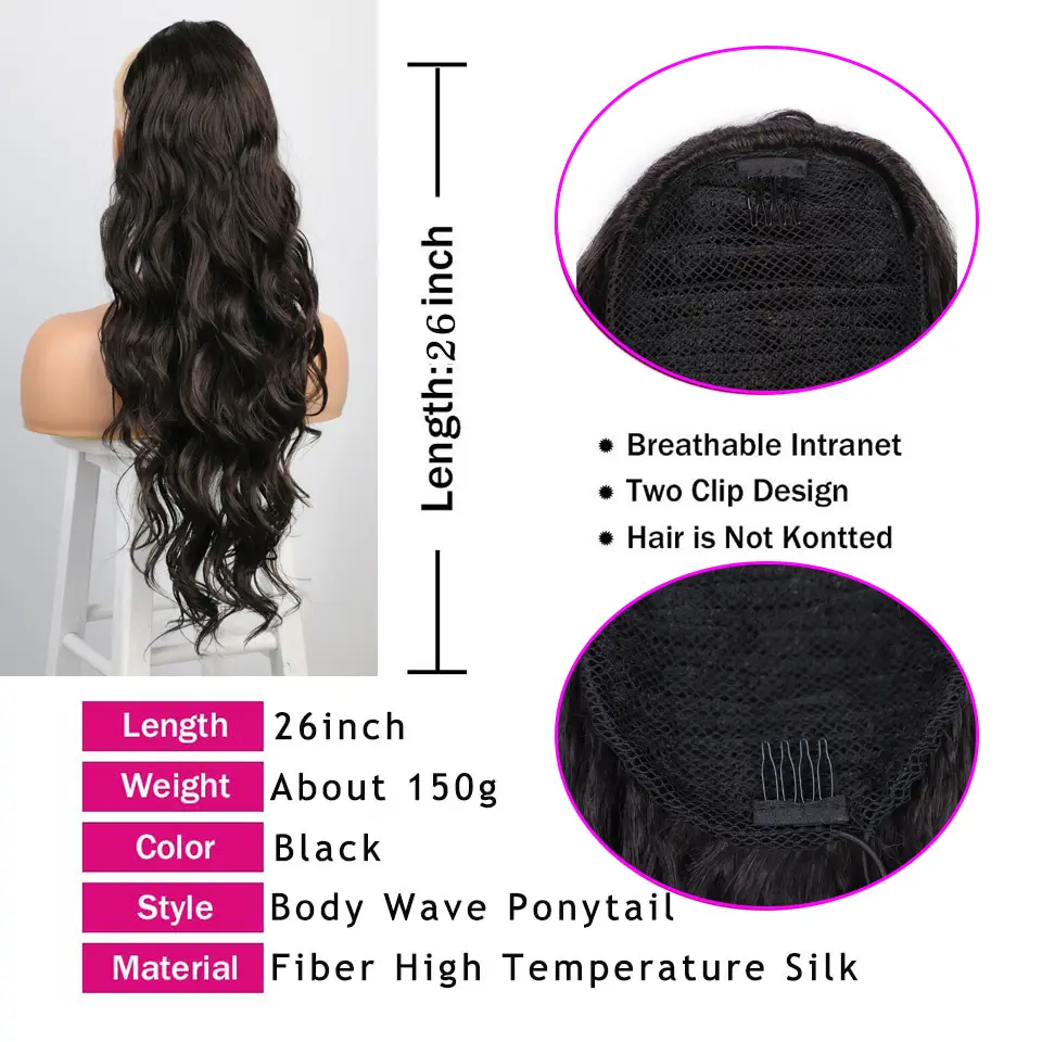 I's a wig Synthetic Body Wave Long Black Ponytail Clip in Hair Extensions for Women Daily Party Use