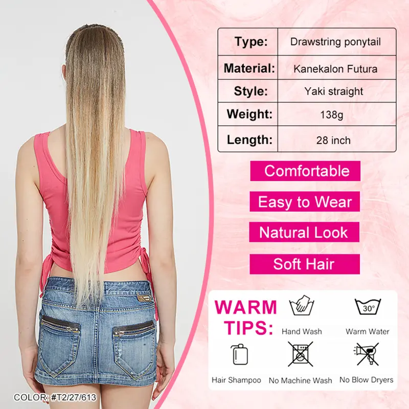 Julianna Synthetic Long Straight Drawstring Ponytail For Women Clip In Hair Extensions Blonde 28Inch Natural Soft Daily Use
