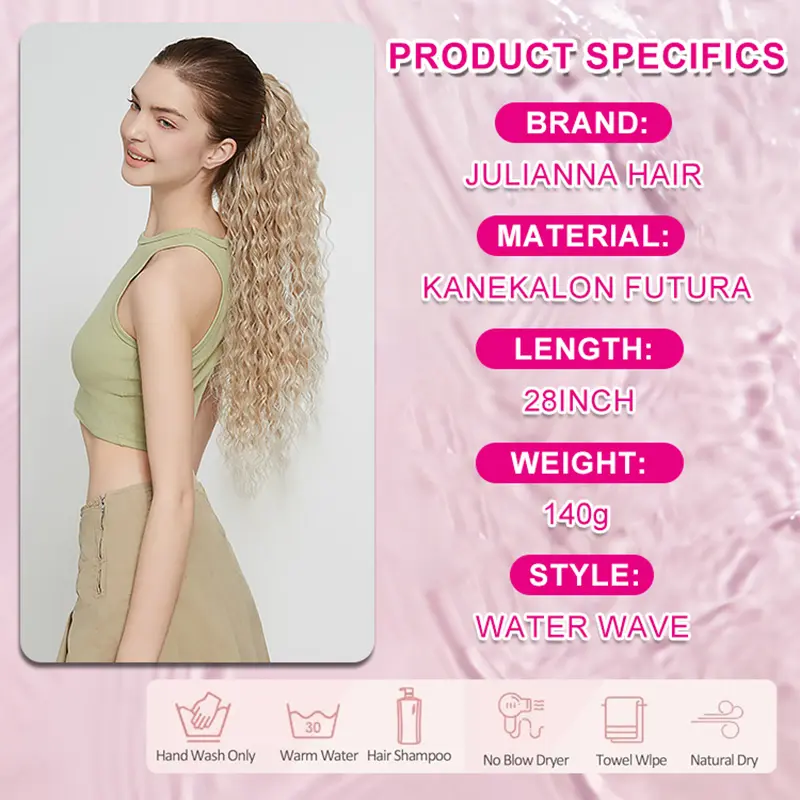 Julianna 28inch Synthetic Water Wave Ponytail Black Blonde Drawstring Clip in Ponytail Hair Extensions Black Women Natural