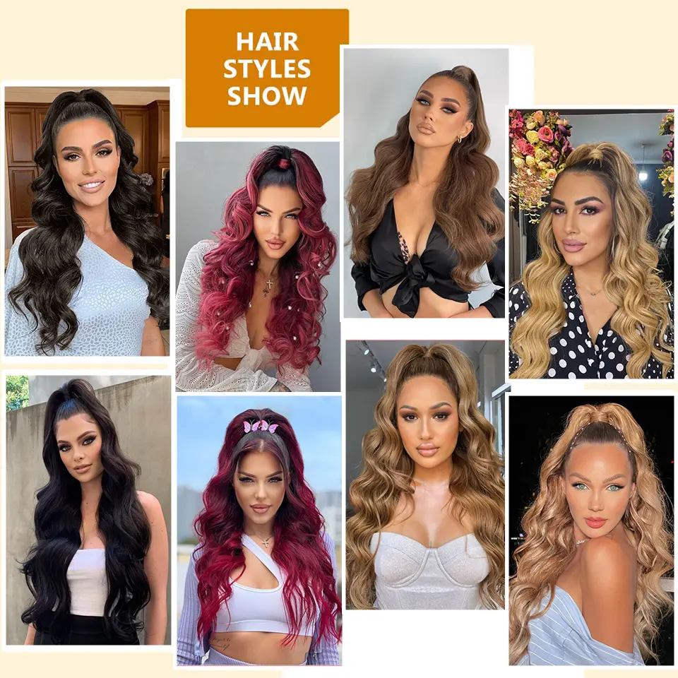 I's a wig Synthetic Body Wave Long Black Ponytail Clip in Hair Extensions for Women Daily Party Use