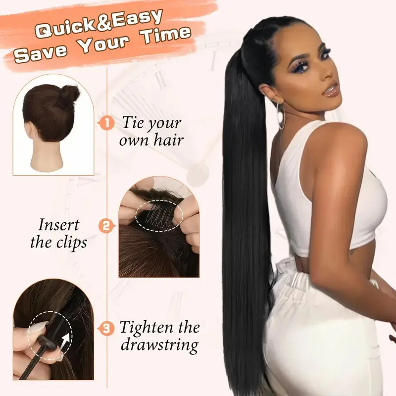 Long Straight Ponytail Hair Extensions for Women 30 Inch Drawstring Fake Hair Pony Tail Synthetic Straight Hairpiece Horse Tail