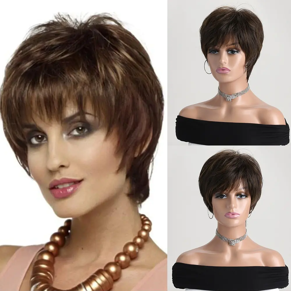 Natural Synthetic  Mixed Brown Wigs for Women Short curly Wig Daily Party Heat Resistant Hair