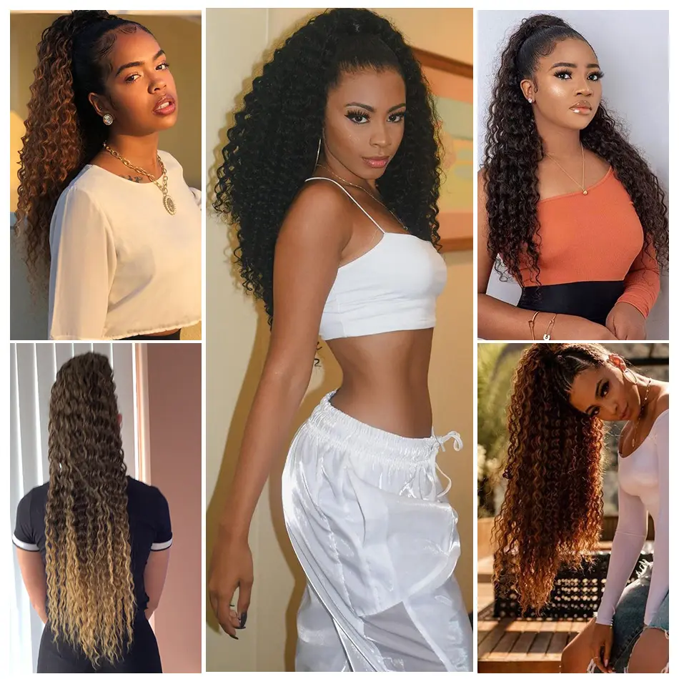 BOL 30inch Synthetic Curly Ponytail Extension Kinky Curly Hair Soft Long Drawstring Ombre Blonde Water Wave Ponytail for Women