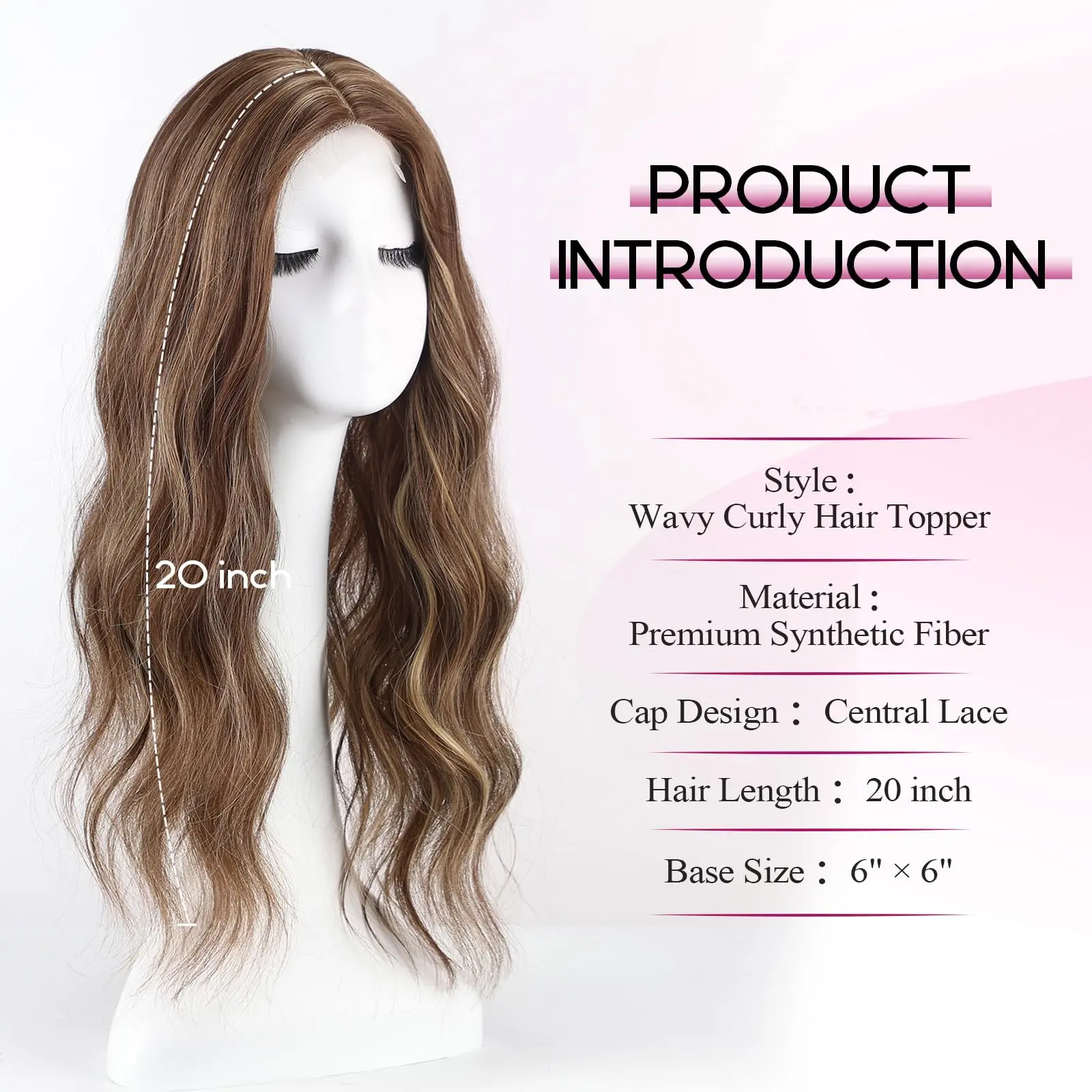 20 Inch Natural Brown Synthetic Hair Toppers Long Wavy Hairpieces for Women 6" ×6" Large Base Lace Front Hair Topper Clips in