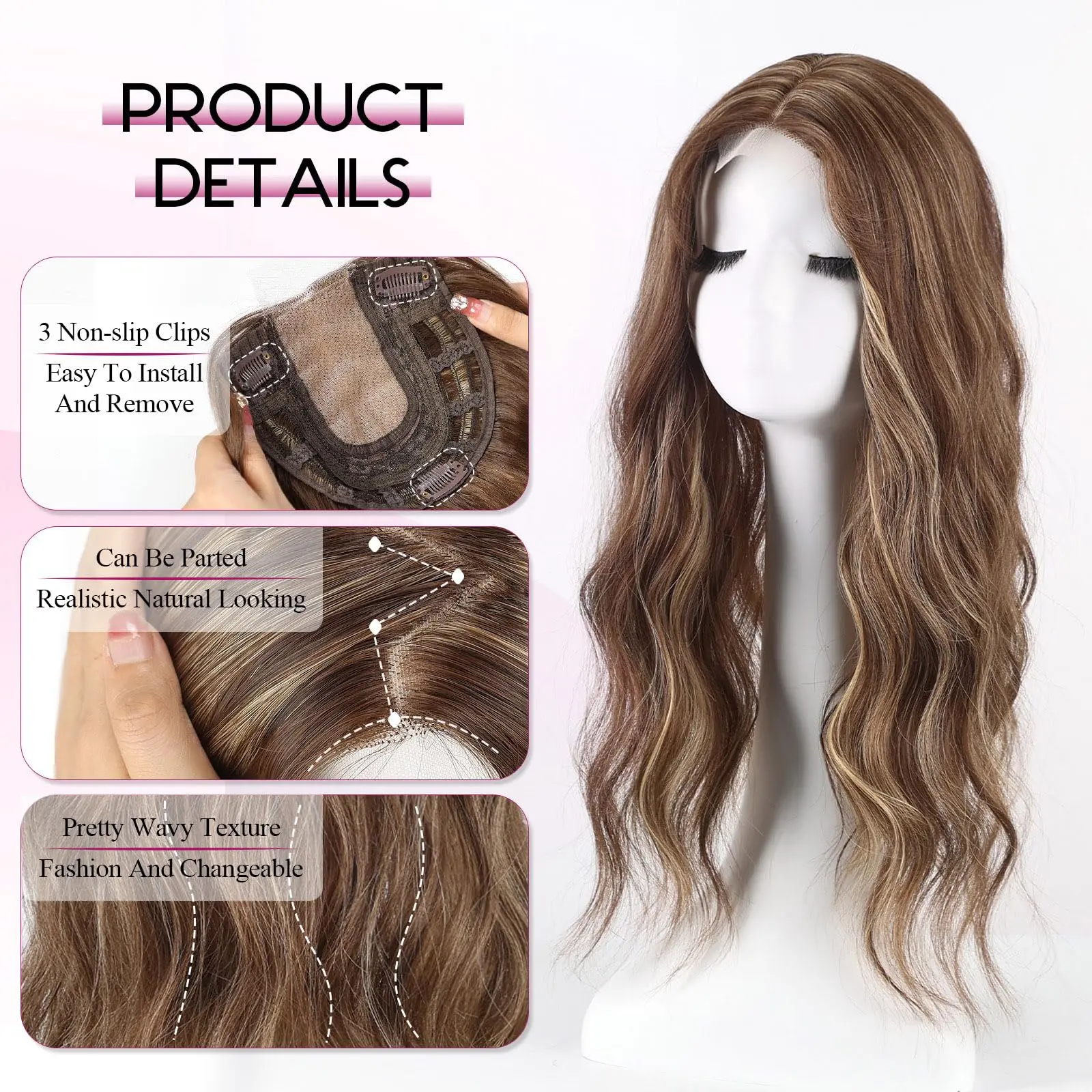 20 Inch Natural Brown Synthetic Hair Toppers Long Wavy Hairpieces for Women 6" ×6" Large Base Lace Front Hair Topper Clips in