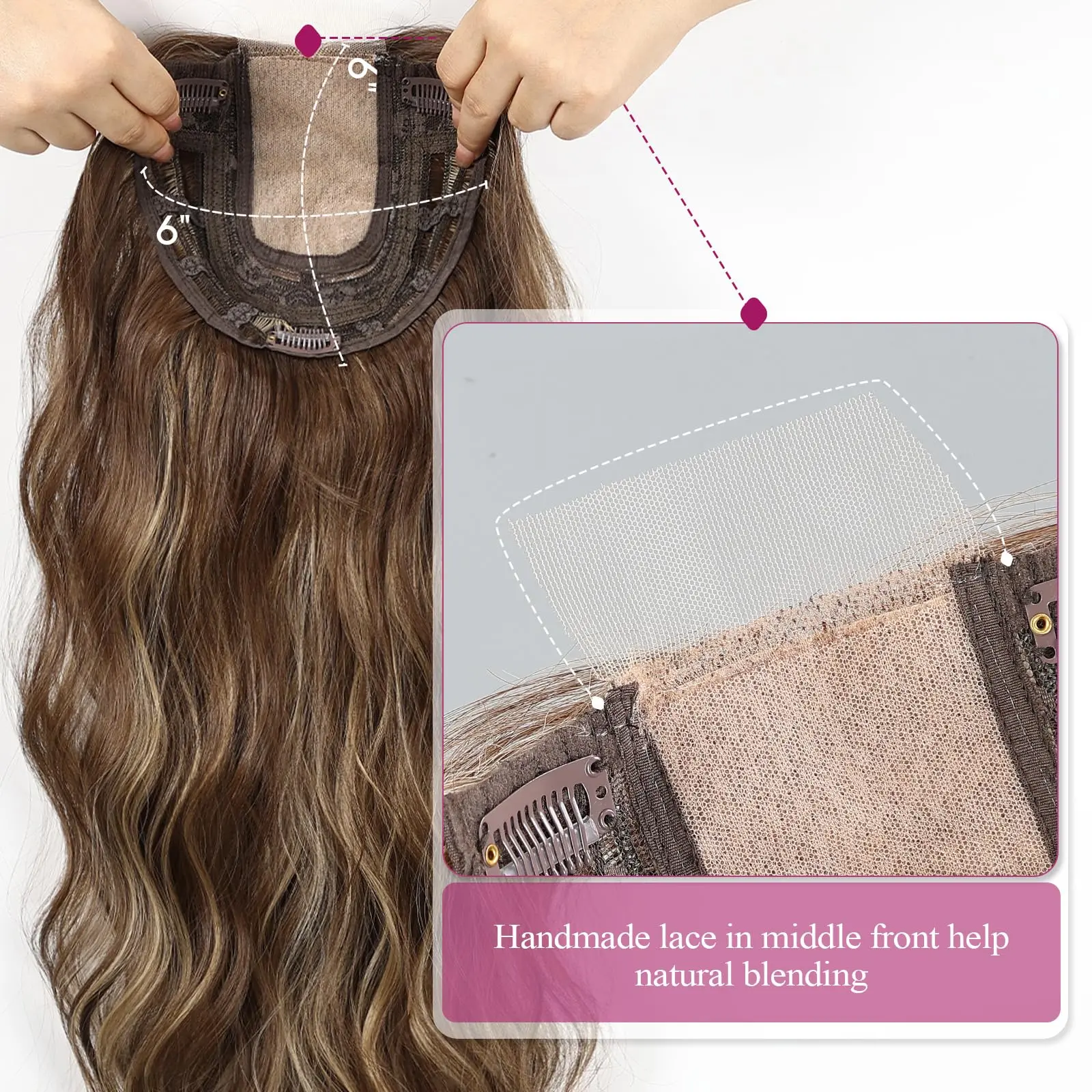 20 Inch Natural Brown Synthetic Hair Toppers Long Wavy Hairpieces for Women 6" ×6" Large Base Lace Front Hair Topper Clips in