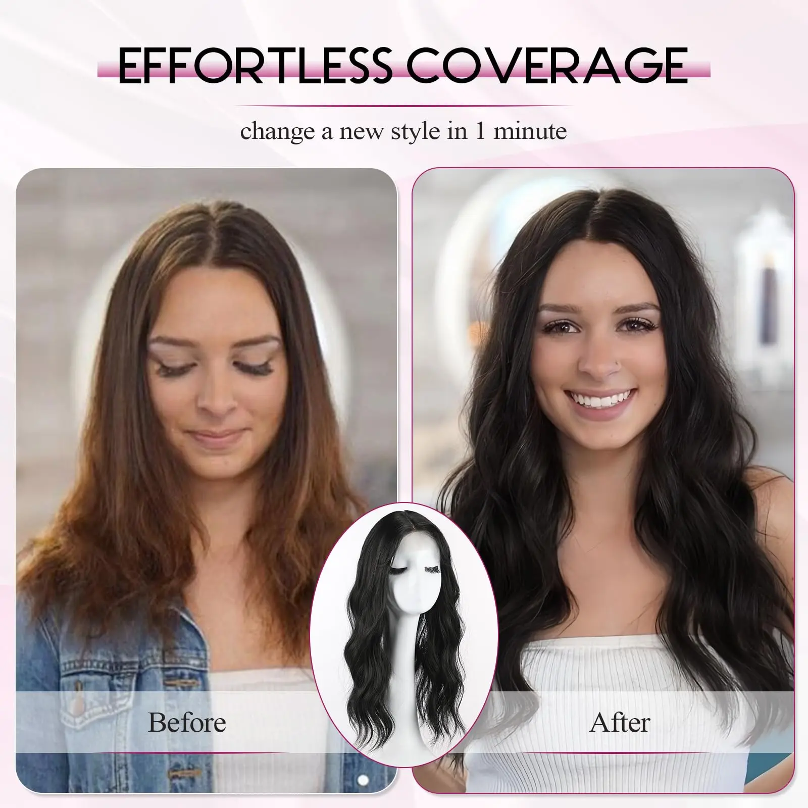 20 Inch Natural Brown Synthetic Hair Toppers Long Wavy Hairpieces for Women 6" ×6" Large Base Lace Front Hair Topper Clips in