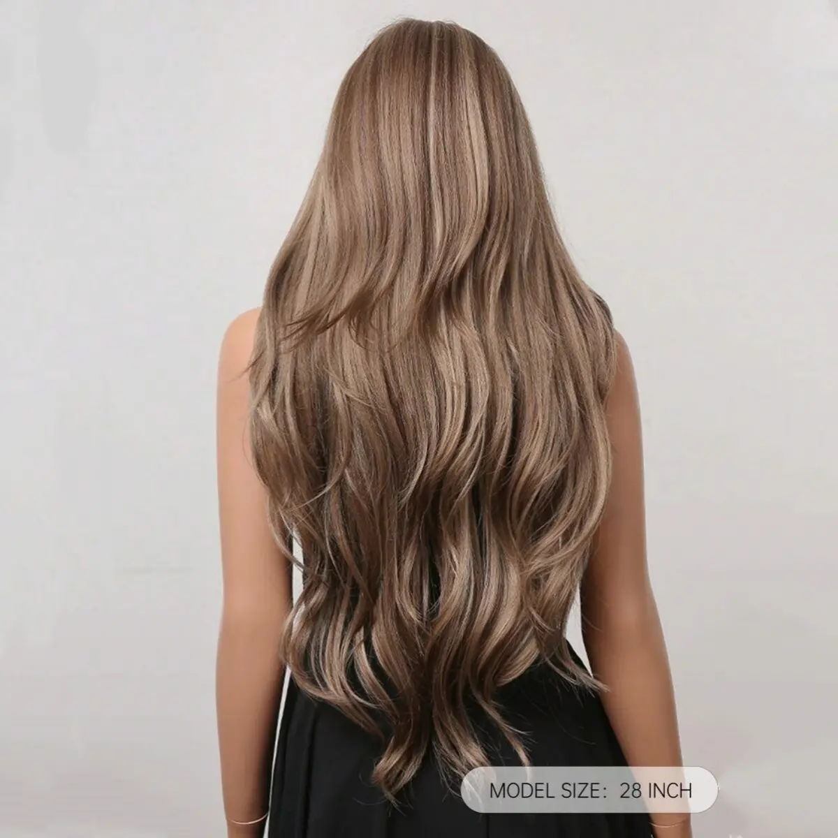 28 Inch Long Curly Wig With Bangs Ombre Brown Hair Wigs For Women Highlight Blonde Synthetic Wigs For Daily Party Heat Resistant