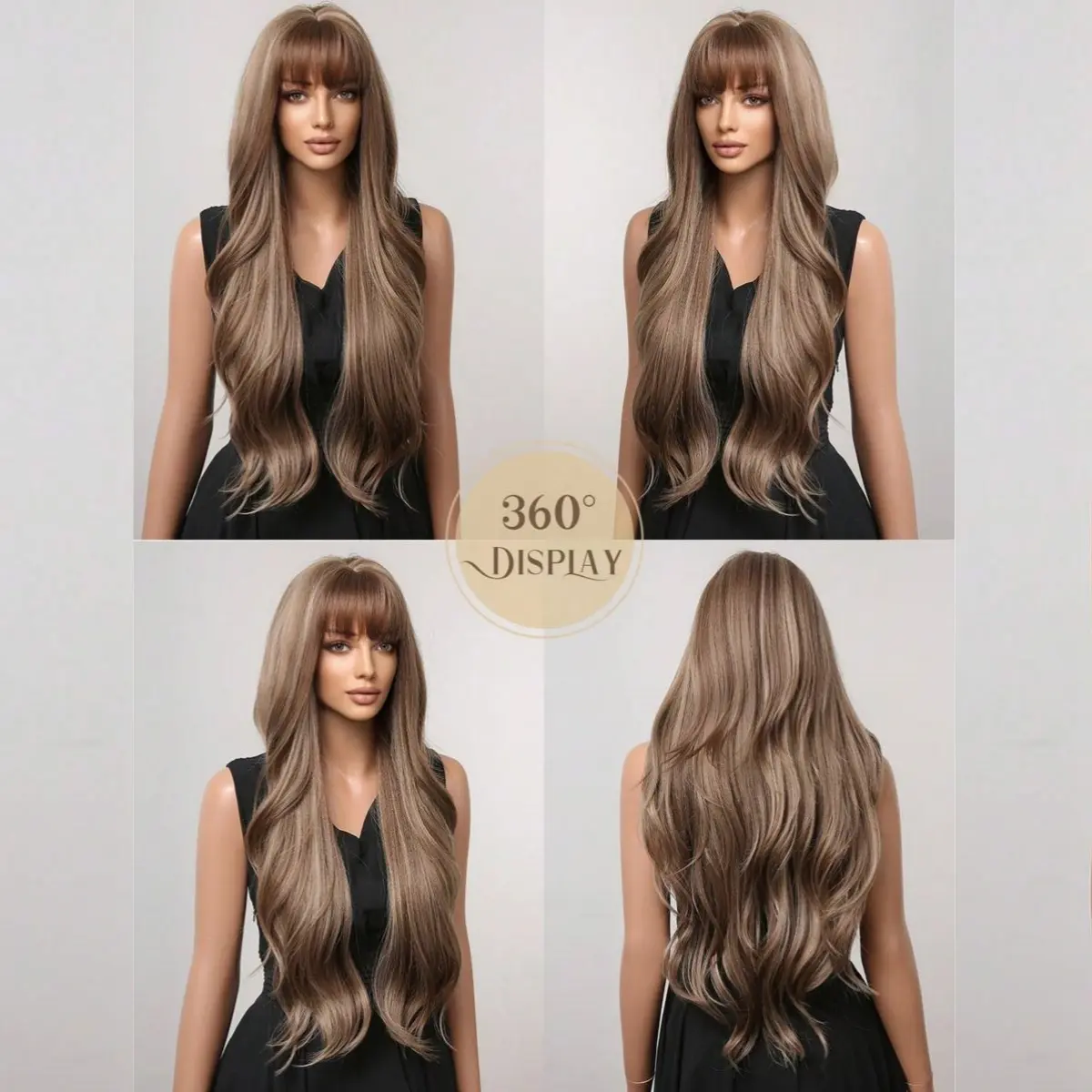 28 Inch Long Curly Wig With Bangs Ombre Brown Hair Wigs For Women Highlight Blonde Synthetic Wigs For Daily Party Heat Resistant