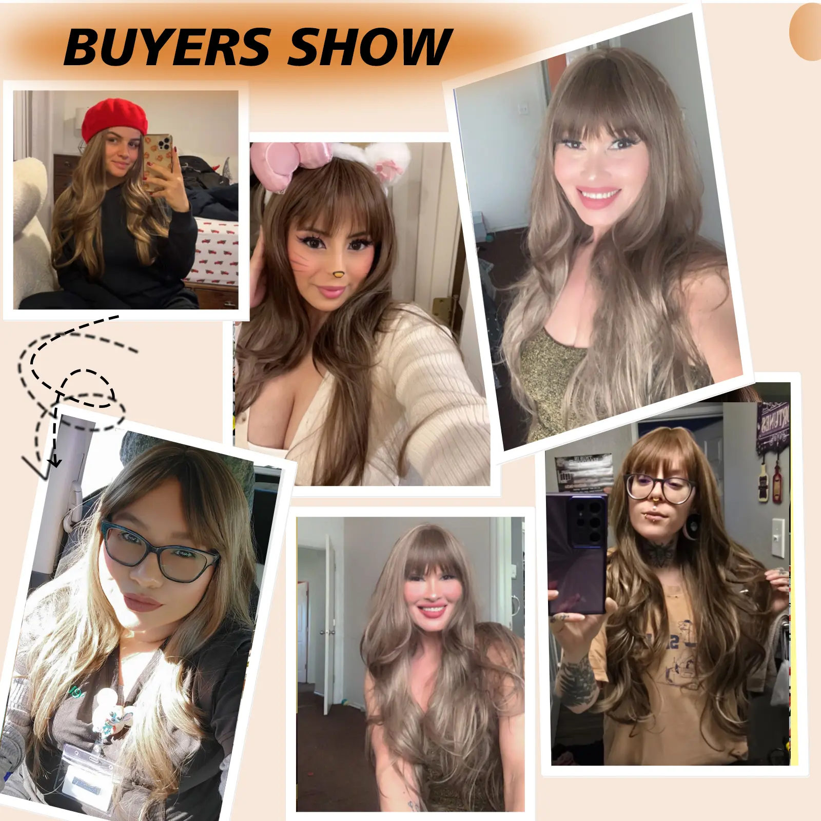28 Inch Long Curly Wig With Bangs Ombre Brown Hair Wigs For Women Highlight Blonde Synthetic Wigs For Daily Party Heat Resistant