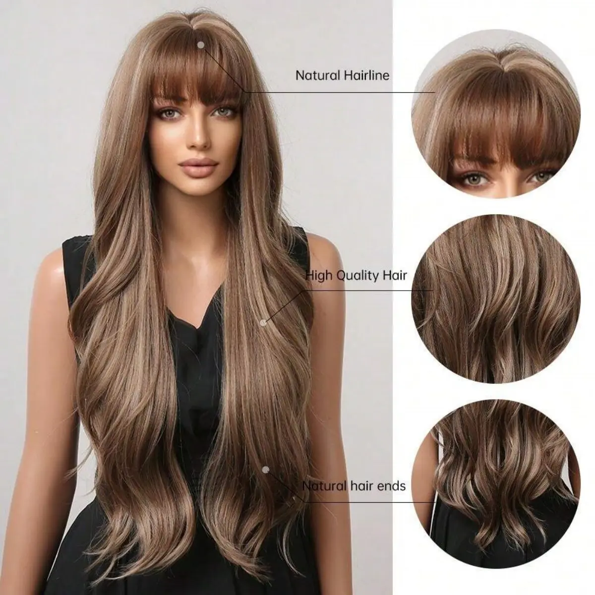 28 Inch Long Curly Wig With Bangs Ombre Brown Hair Wigs For Women Highlight Blonde Synthetic Wigs For Daily Party Heat Resistant