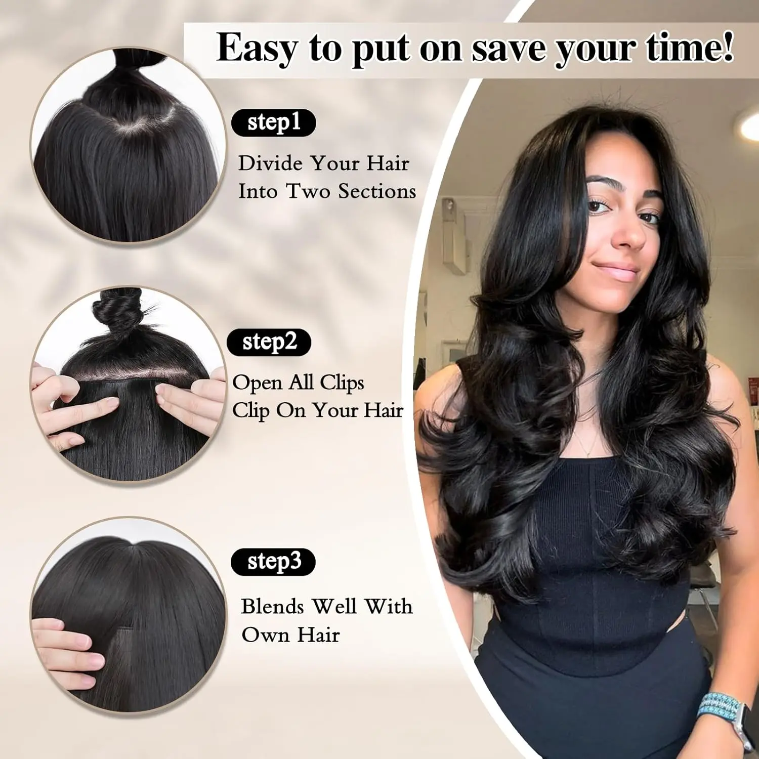 24 Inch Synthetic Long Wavy Curly Clips in Hair Extensions for Women with Adjustable 4 Secure Clips in One Hairpieces