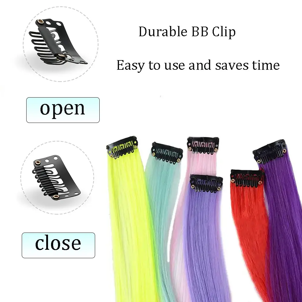 22 inches12pcs/pack Colored Party Synthetic Clip in Hair Extensions for Girls Multi-colors Straight Hair Synthetic Hairpieces