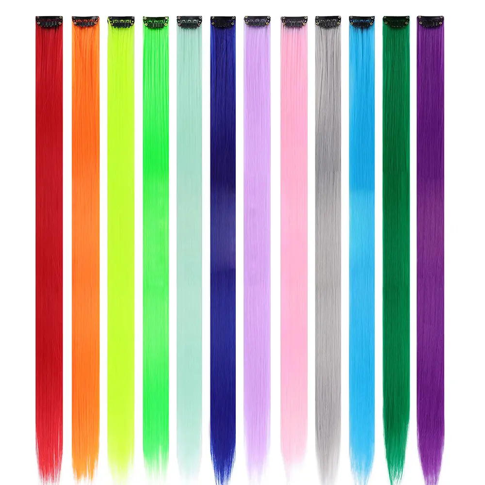 22 inches12pcs/pack Colored Party Synthetic Clip in Hair Extensions for Girls Multi-colors Straight Hair Synthetic Hairpieces