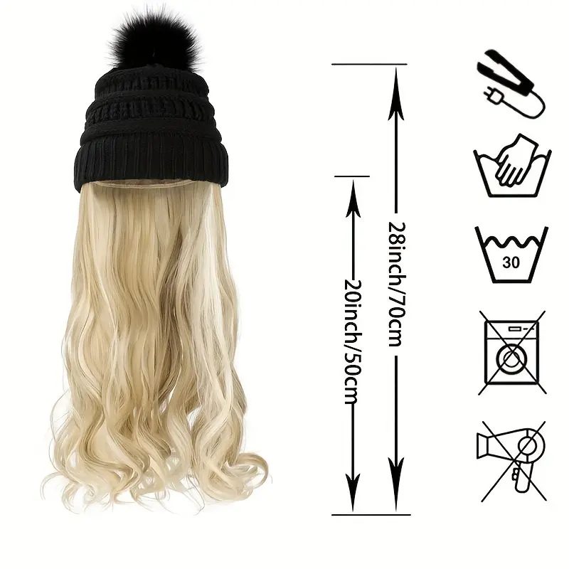 20inch Long Water Wavy Synthetic Hairpiece Beanie Hat - Woven Wigs with Knit Pom Cap and Warm Winter Design - Soft, Detachable,