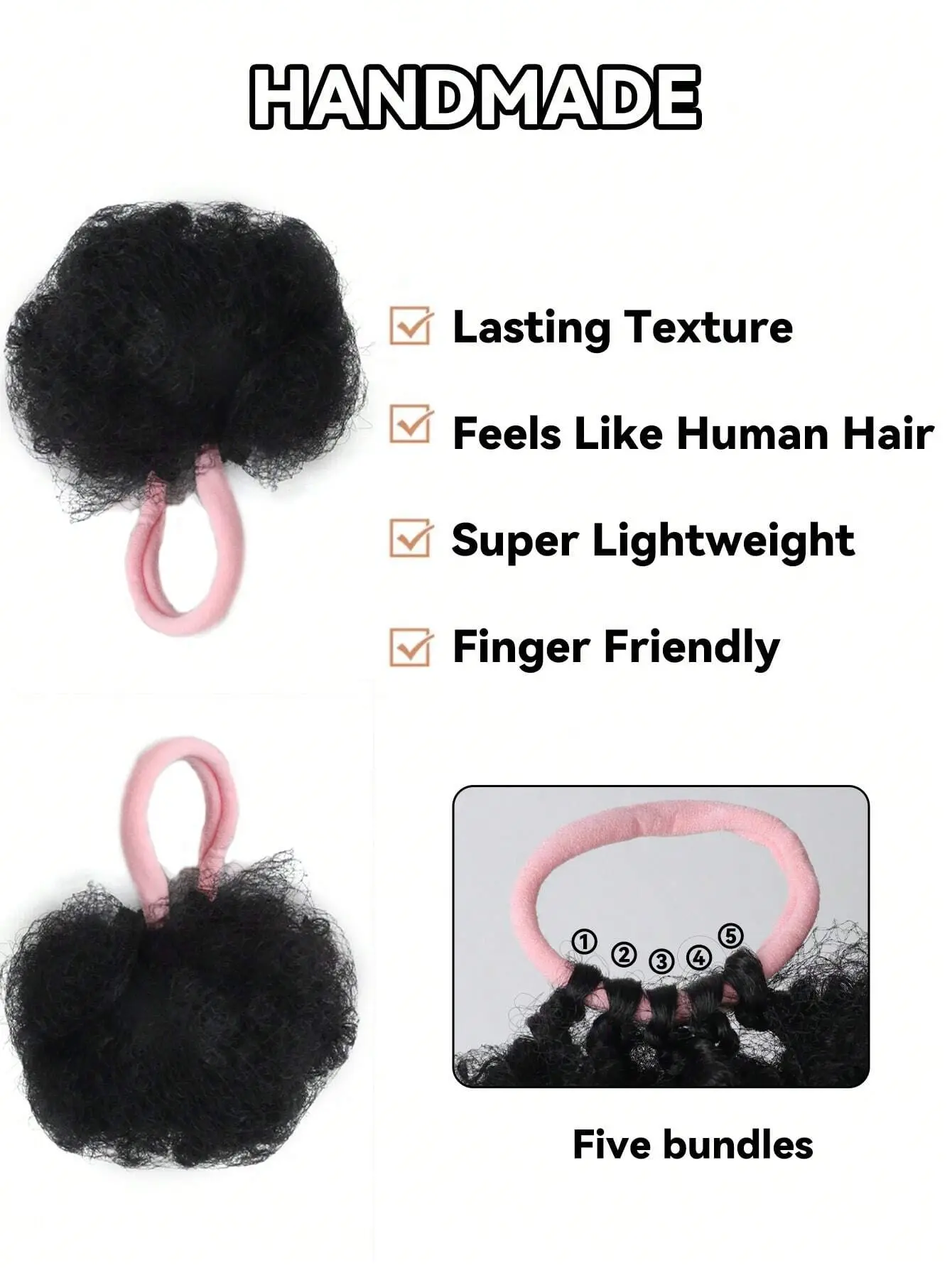 Children's 2-piece set with ponytail double puffy curly bun for children aged 0-5 years with natural black synthetic wig