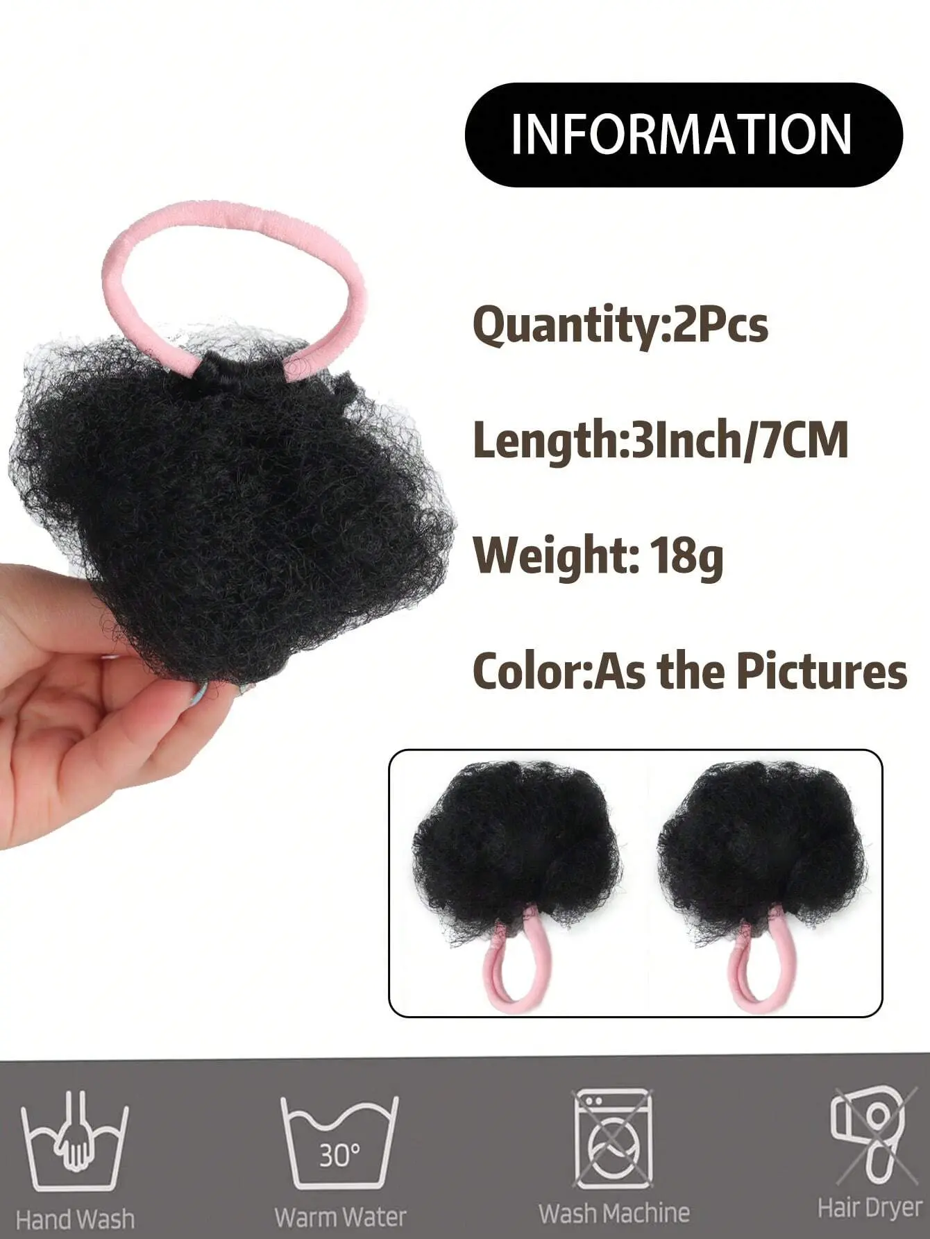 Children's 2-piece set with ponytail double puffy curly bun for children aged 0-5 years with natural black synthetic wig