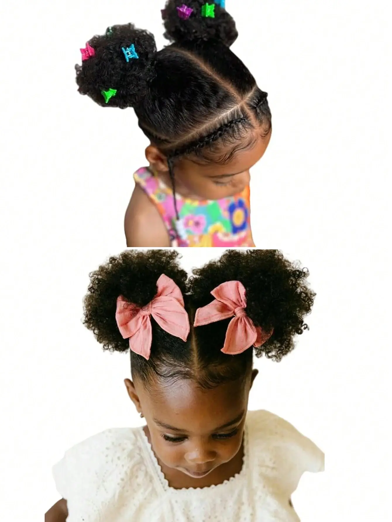 Children's 2-piece set with ponytail double puffy curly bun for children aged 0-5 years with natural black synthetic wig