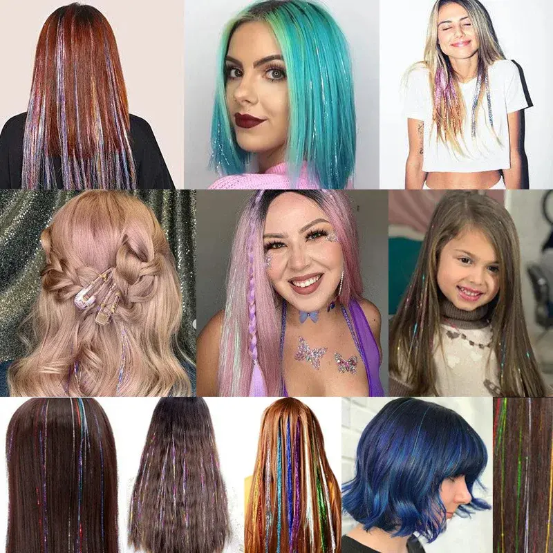 Sparkling straight hair tinsel synthetic hair extension kit rainbow women's colorful hair extension dazzling braided accessories