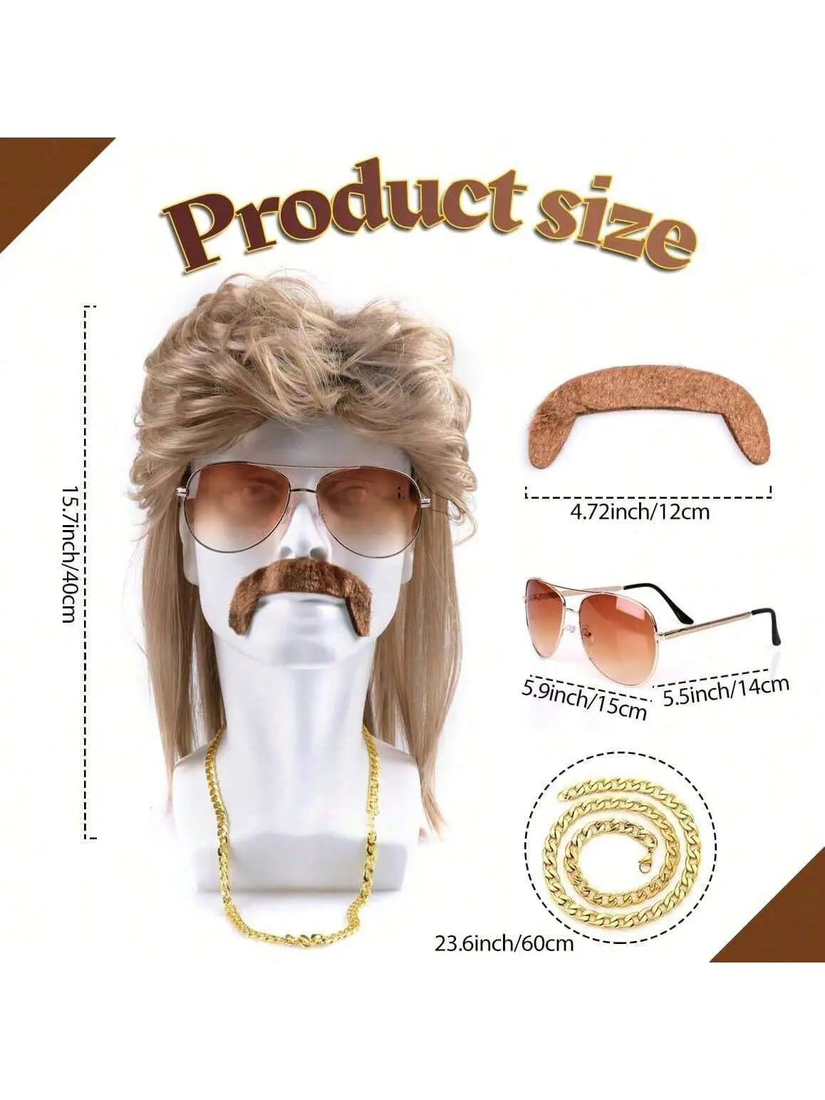 Mullet Wig 80s 90s Outfit Accessories Men,Blond Men's Heat Resistant Synthetic Hair Wigs Wig Sunglasses Necklace Headscarf
