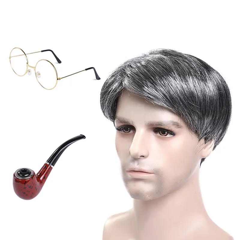 Cosplay grandpa wig beard halloween middle-aged silver black  synthetic wig