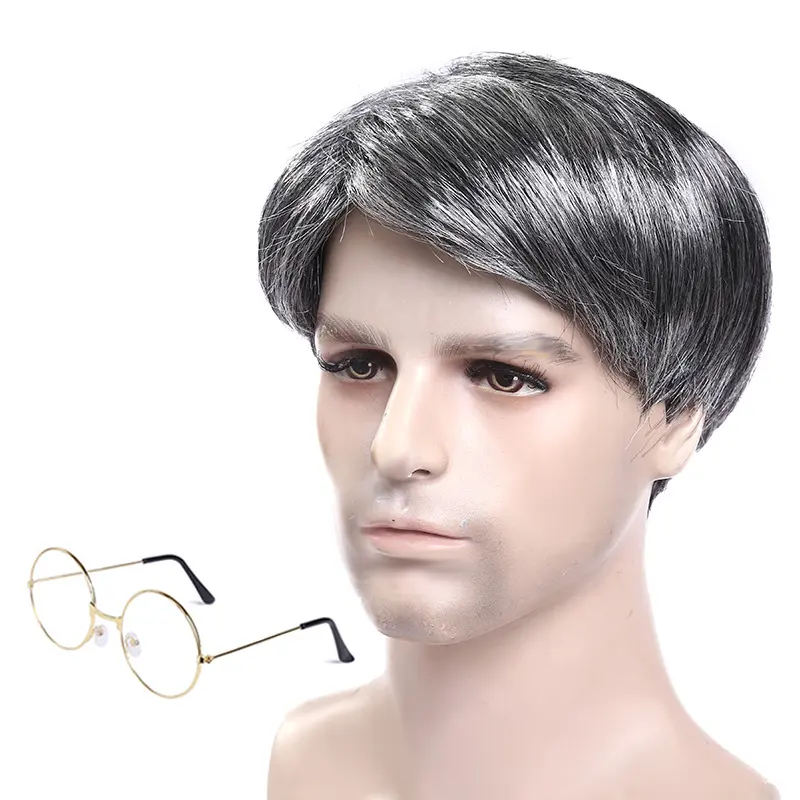 Cosplay grandpa wig beard halloween middle-aged silver black  synthetic wig