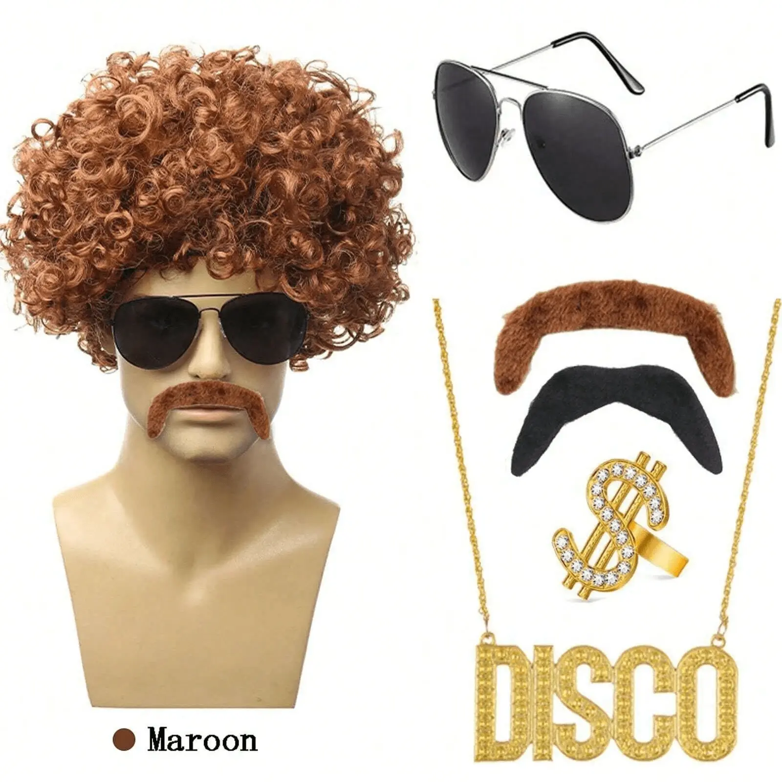 Disco Synthetic African Brown Wig Disco Wig Costume Set Includes Disco Hippie Short Curly Hair Wig For Men And Women Daily Party