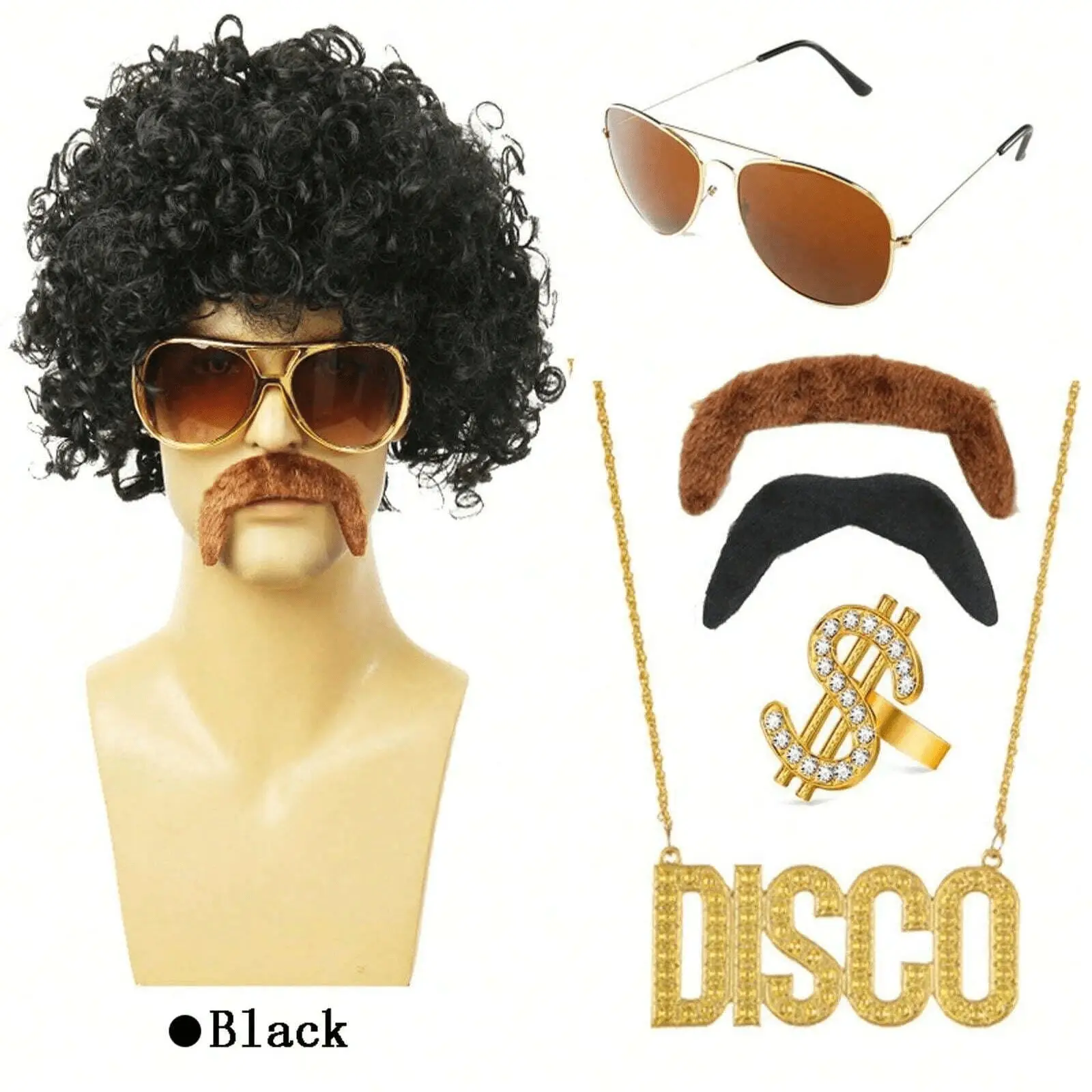Disco Synthetic African Brown Wig Disco Wig Costume Set Includes Disco Hippie Short Curly Hair Wig For Men And Women Daily Party