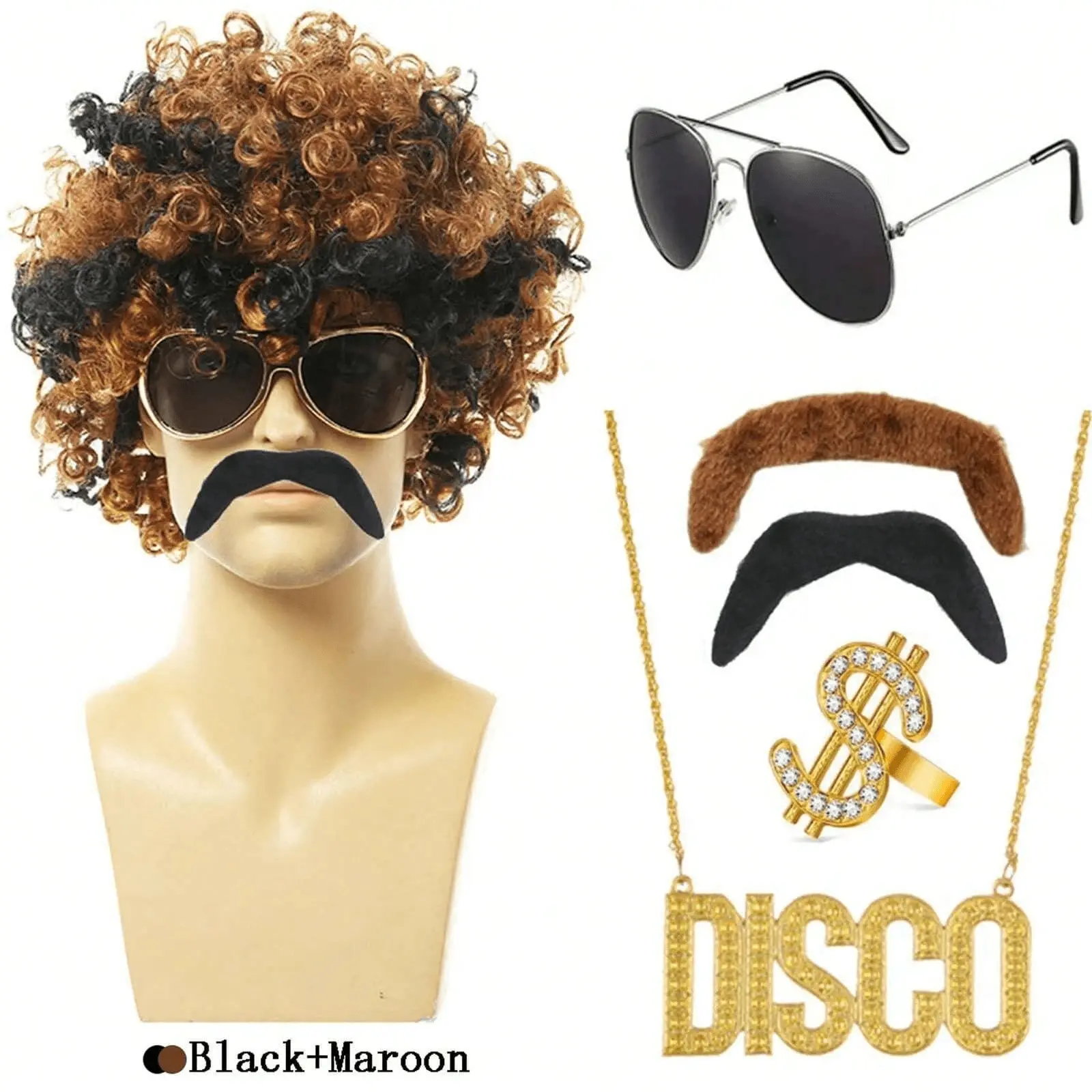 Disco Synthetic African Brown Wig Disco Wig Costume Set Includes Disco Hippie Short Curly Hair Wig For Men And Women Daily Party
