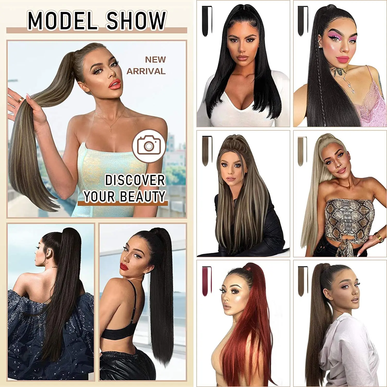 Synthetic chemical fiber long straight hair wig velcro ponytail for daily wear, natural daily travel wearing ponytail