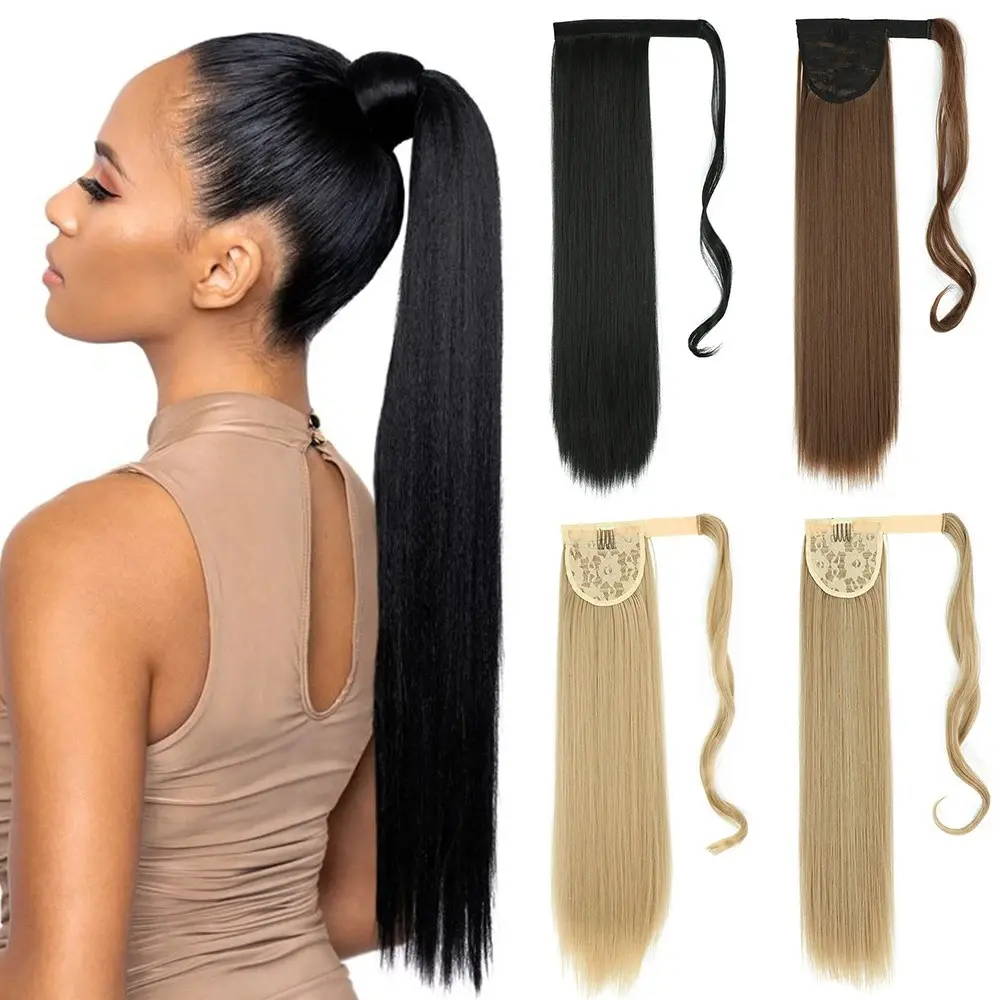 Synthetic chemical fiber long straight hair wig velcro ponytail for daily wear, natural daily travel wearing ponytail