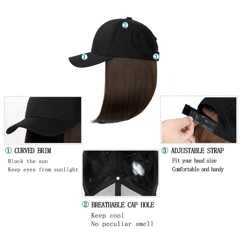 Cap wig, integrated synthetic wig, bob wig, hat, daily travel, wear baseball cap, wig cap
