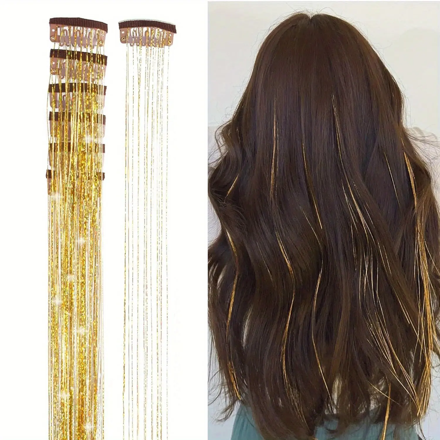 Color bright silk clip seamless hair extensions glitter gold silk dazzling laser wire color strips synthetic wigs
