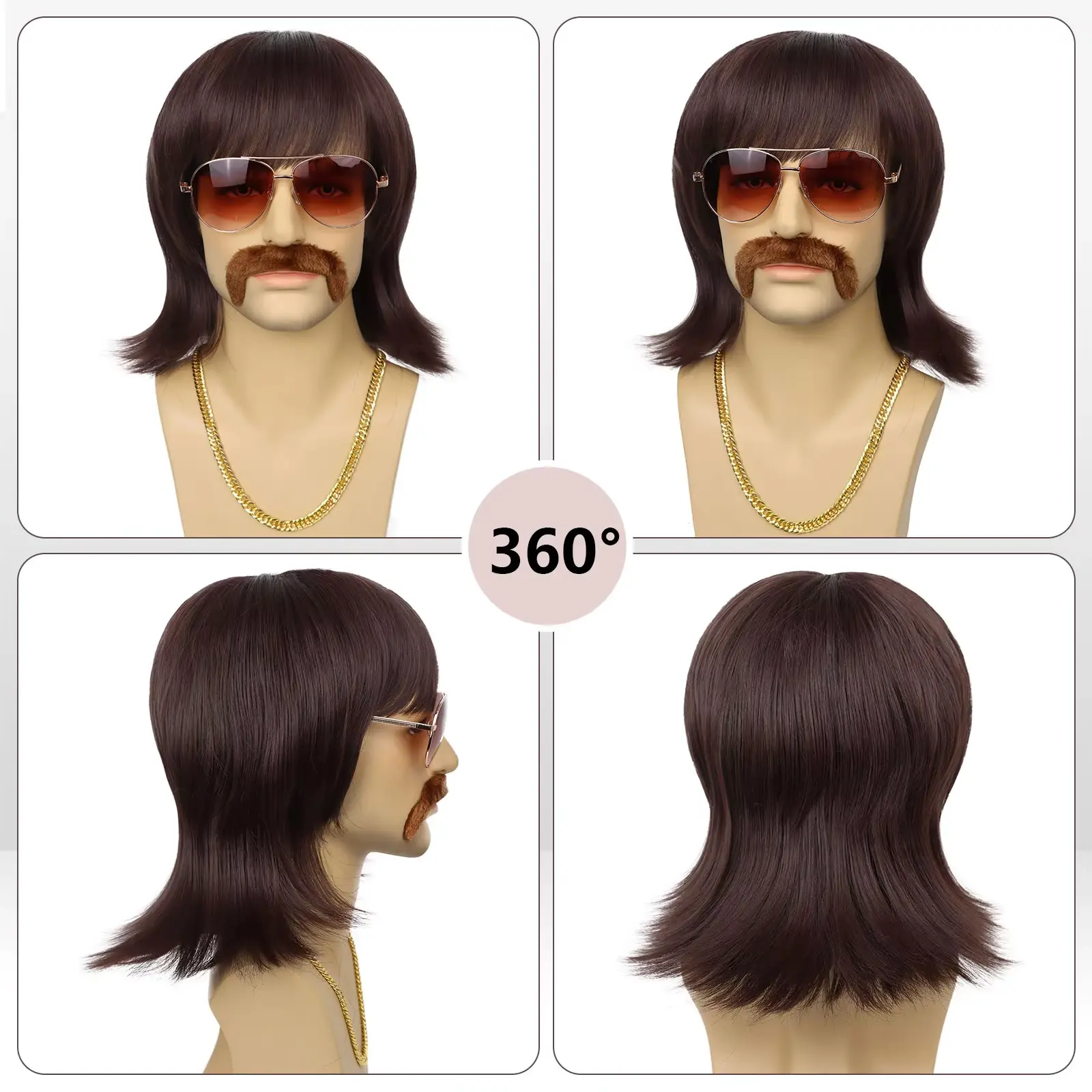 Synthetic Mullet Wig Short 70s Disco Outfit for Men Wig Mustache Glasses and Chain 60s Singer Rocker Hippies Cosplay Halloween