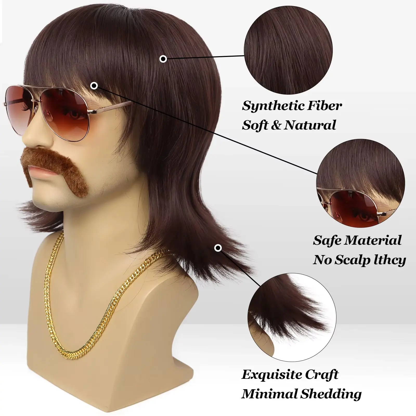 Synthetic Mullet Wig Short 70s Disco Outfit for Men Wig Mustache Glasses and Chain 60s Singer Rocker Hippies Cosplay Halloween