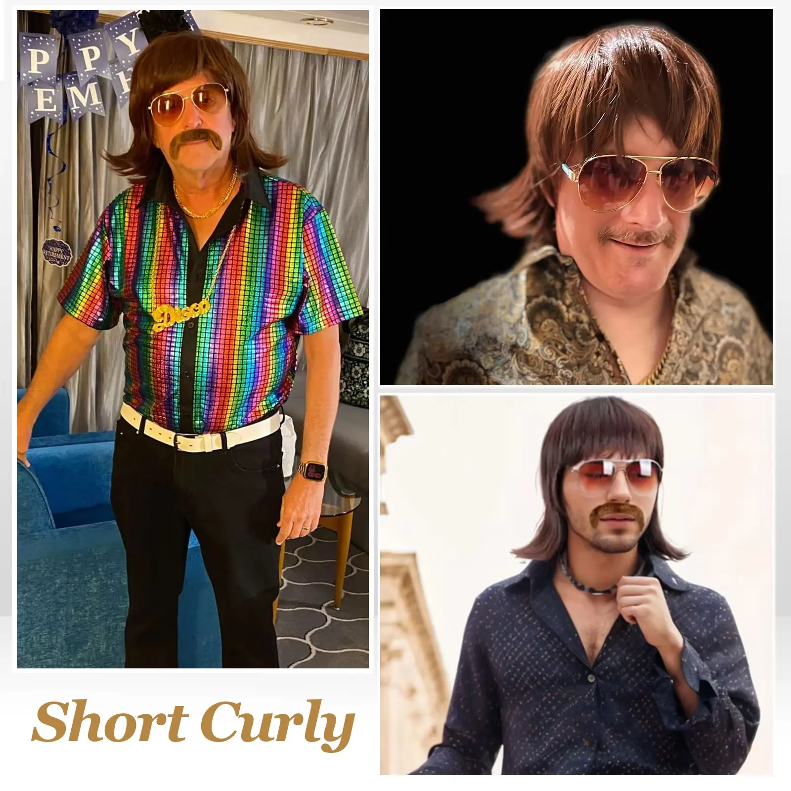 Synthetic Mullet Wig Short 70s Disco Outfit for Men Wig Mustache Glasses and Chain 60s Singer Rocker Hippies Cosplay Halloween