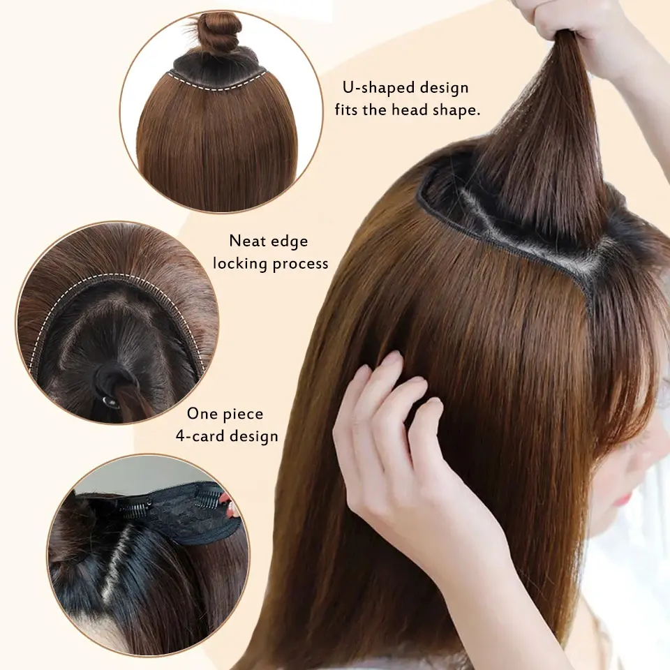 Synthetic long straight U-shaped half-head wig women clip natural fake wigs in hair extension, daily wigs