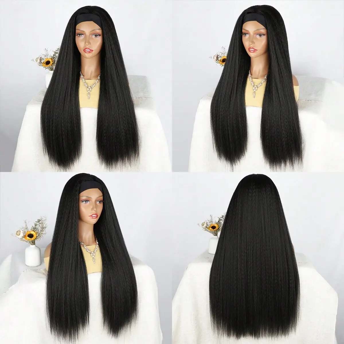 28-inch synthetic Yaki straight wig and black headband African wig turban headband chemical fiber long straight hair headgear