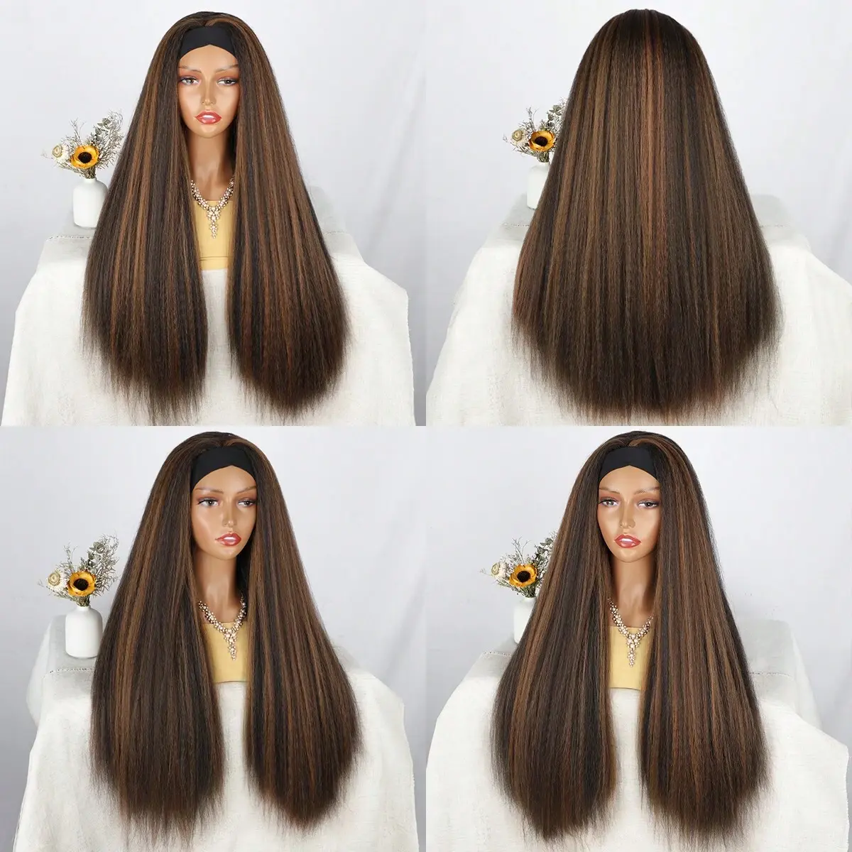 28-inch synthetic Yaki straight wig and black headband African wig turban headband chemical fiber long straight hair headgear