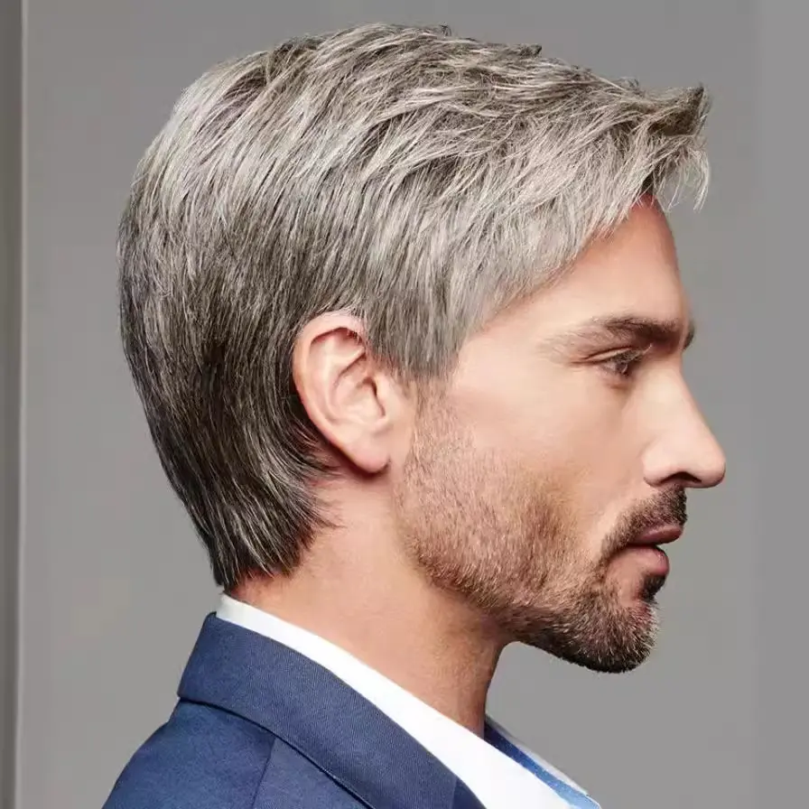 Synthetic wigs men's gradient gray bias bangs short straight hair short wigs