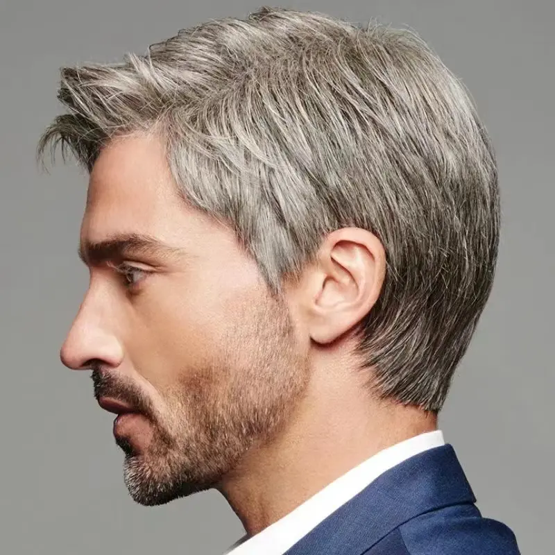 Synthetic wigs men's gradient gray bias bangs short straight hair short wigs