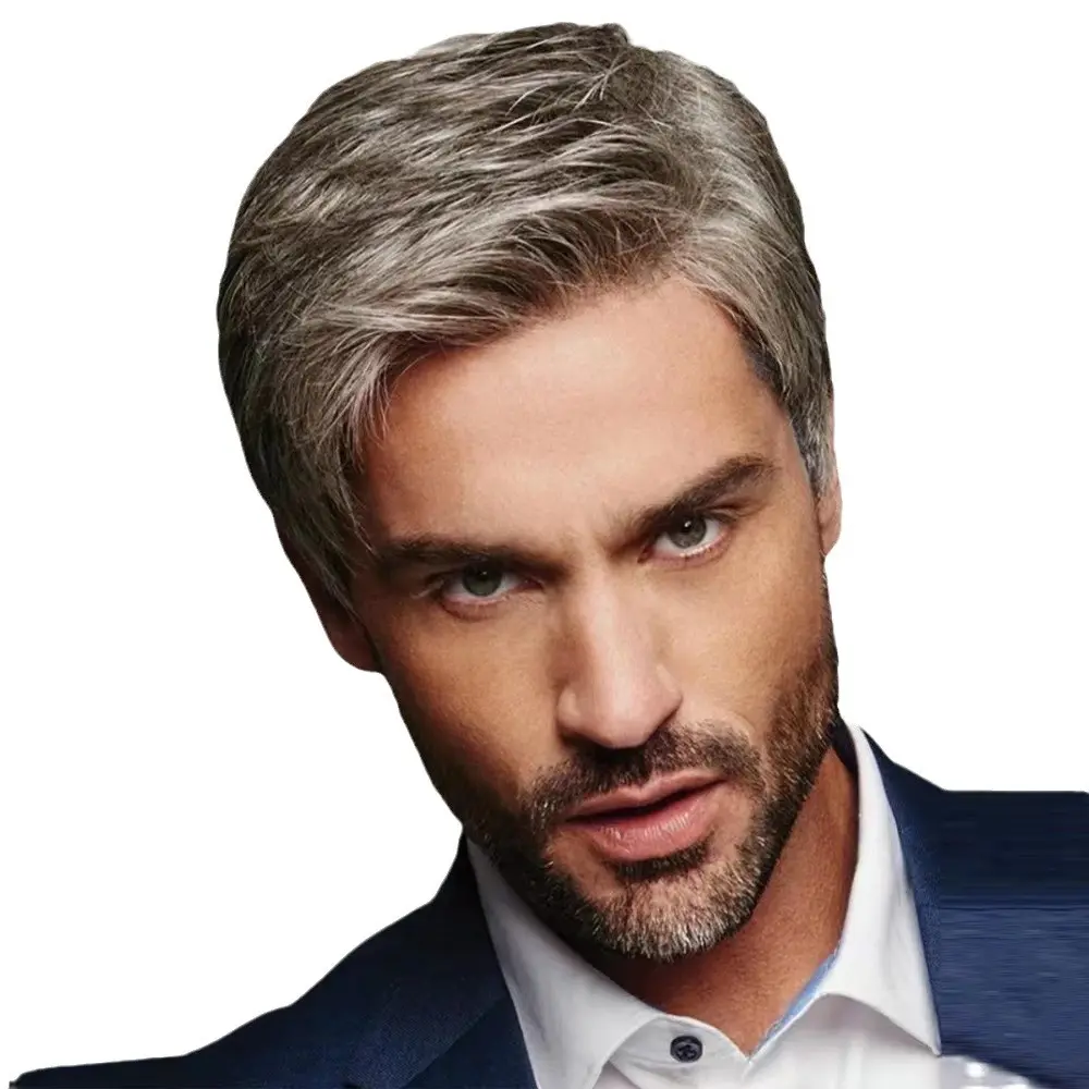 Synthetic wigs men's gradient gray bias bangs short straight hair short wigs