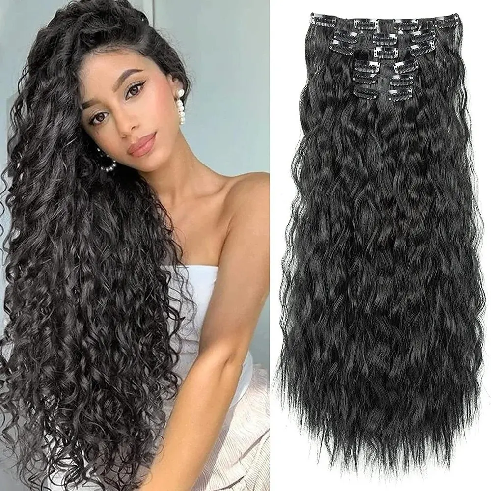 Wig clip hair extensions Long straight hair traceless chemical fiber synthetic wig 16 card clip hair six-piece set