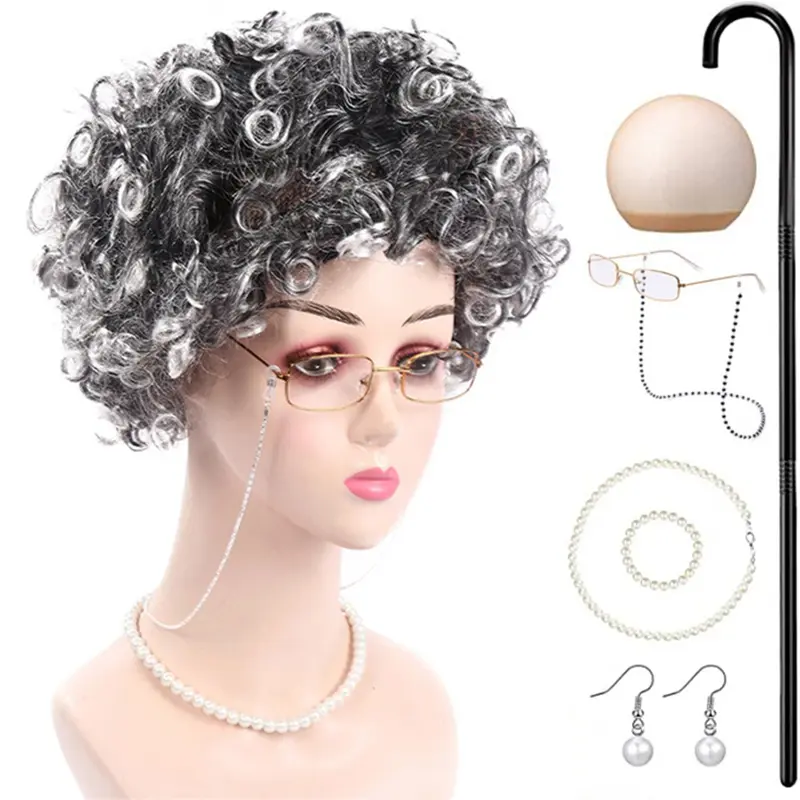 Middle Aged Old Woman Halloween Wig Gray Granny Synthetic Curly Hair
